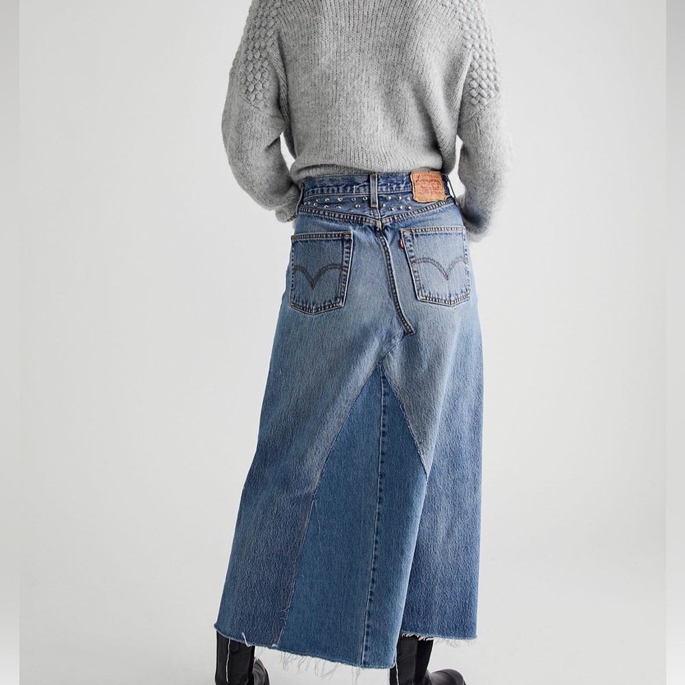 ❤️VERY RARE Tricia Fix free people Blue Patchwork Denim Maxi Skirt with Studs - Picture 2 of 16